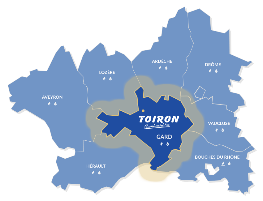 Toiron Combustibles Carte du Gard et départements limitrophes pour les livraisons de fioul et carburants